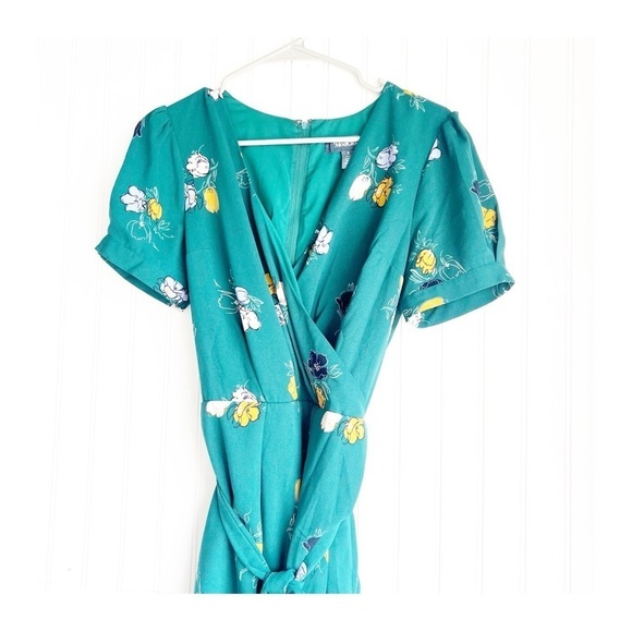 ModCloth Size S Green Floral Poetic Presence Pleated Faux Wrap Lined Dress - Picture 3 of 6